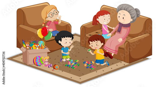 Granny with grandchildren with living room furniture elements on white background
