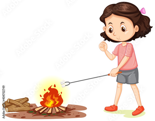 Girl roasting marshmallow on bonfire on white background