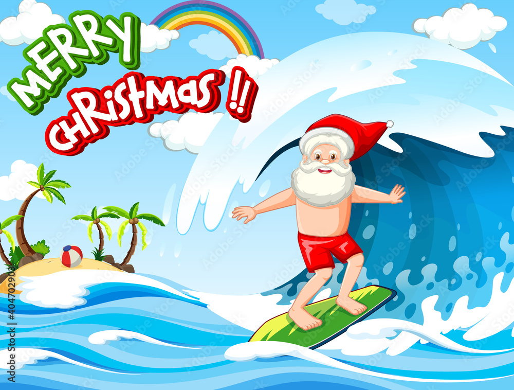 Santa Claus surfing at the beach for summer christmas