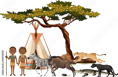 African tribe with group of wild african animal on white background