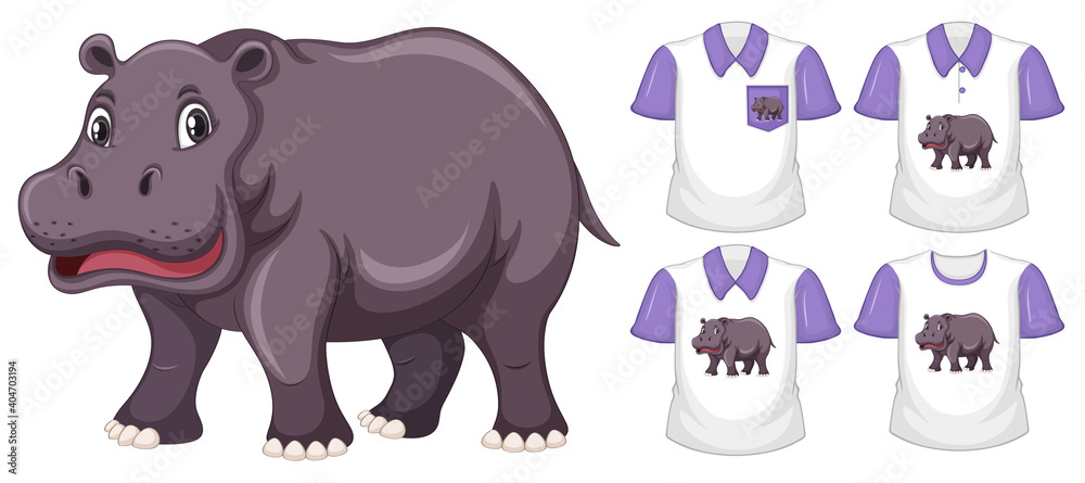 Set of different shirts with hippopotamus cartoon character isolated on white background