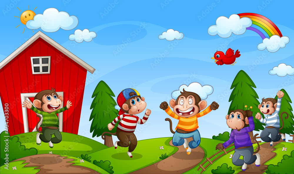 Obraz premium Five little monkeys jumping in the farm scene