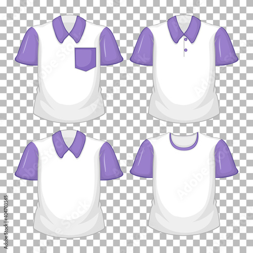 Set of different shirts with purple sleeves isolated on transparent background
