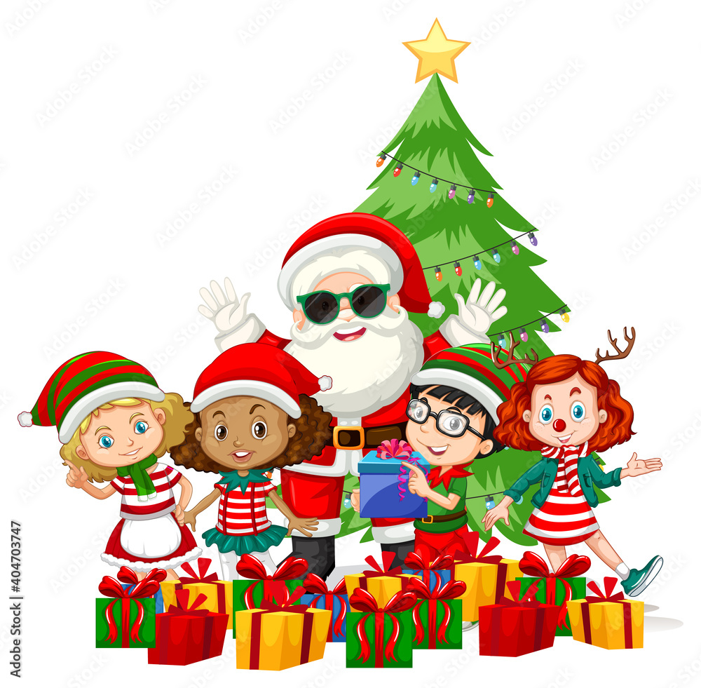 Santa Claus with children wear Christmas costume cartoon character on white background Santa Claus with children wear Christmas costume cartoon character on white background