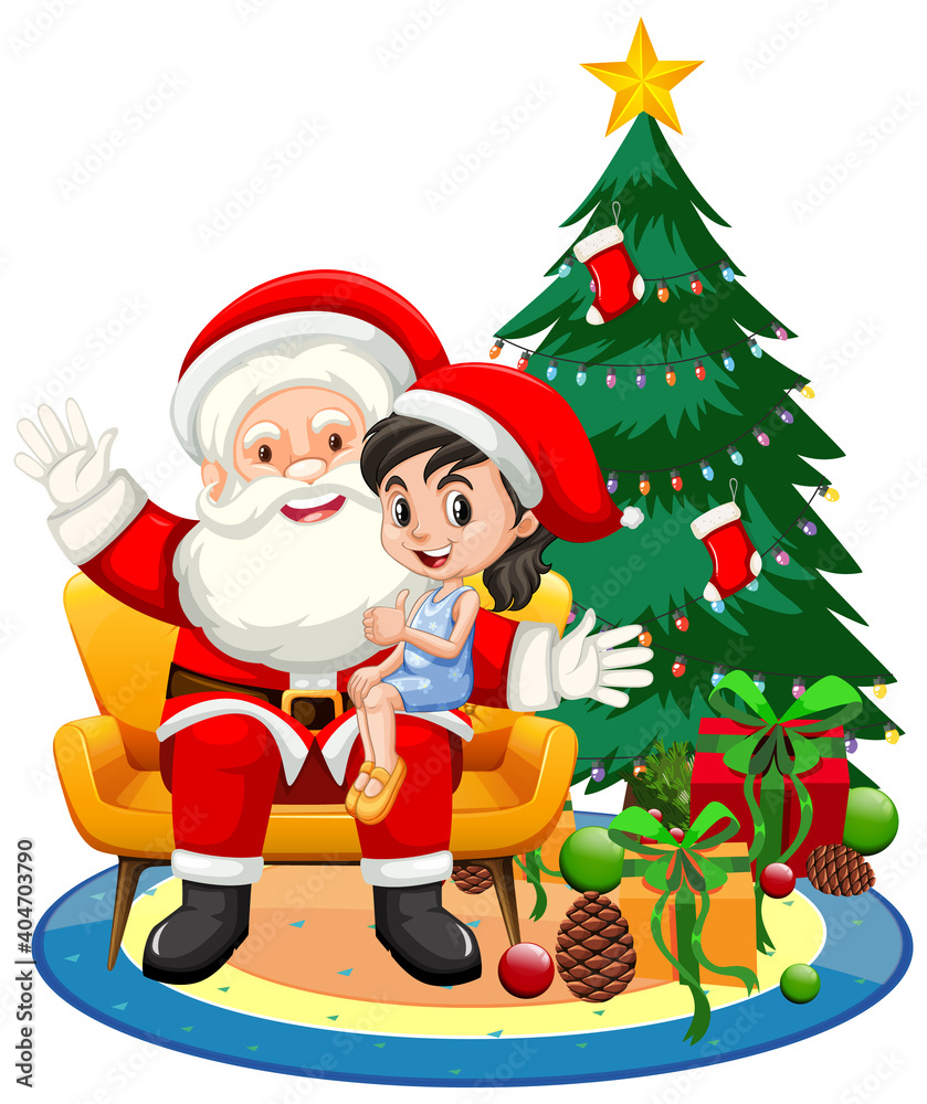 Fototapeta premium Santa Claus sitting on his lap with cute girl on white background