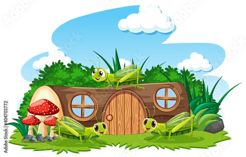 Timber house with grasshoper cartoon style on white background