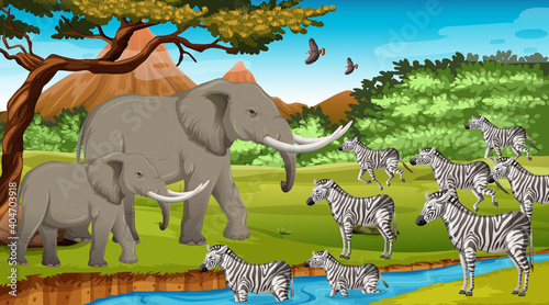 Group of Wild African Animal in the forest scene