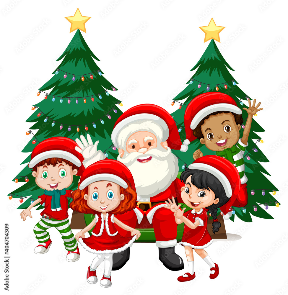 Santa Claus with children wear Christmas costume cartoon character on white background Santa Claus with children wear Christmas costume cartoon character on white background