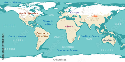 World map with continents names and oceans