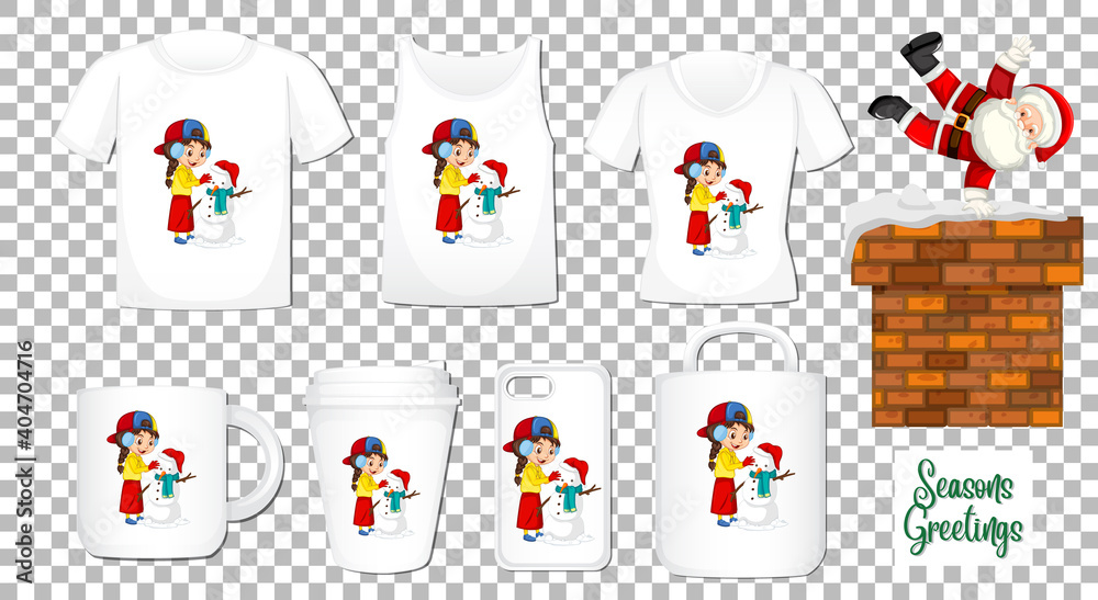 Santa Claus dancing cartoon character with set of different clothes and accessories products on transparent background Santa Claus dancing cartoon character with set of different clothes and accessories products on transparent background