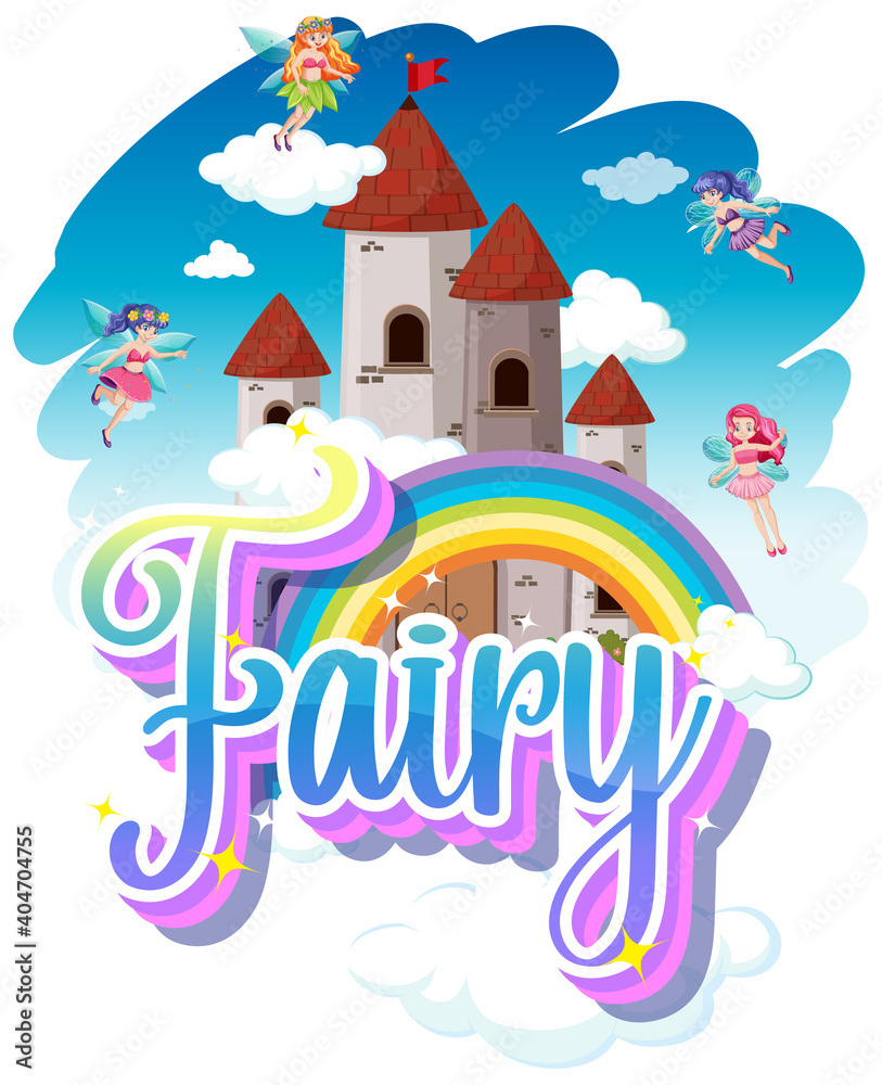 Fairy logo with little fairies on rainbow sky background