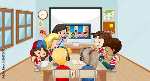 Children using laptop for communicate video conference with teacher and friends in the classroom scene