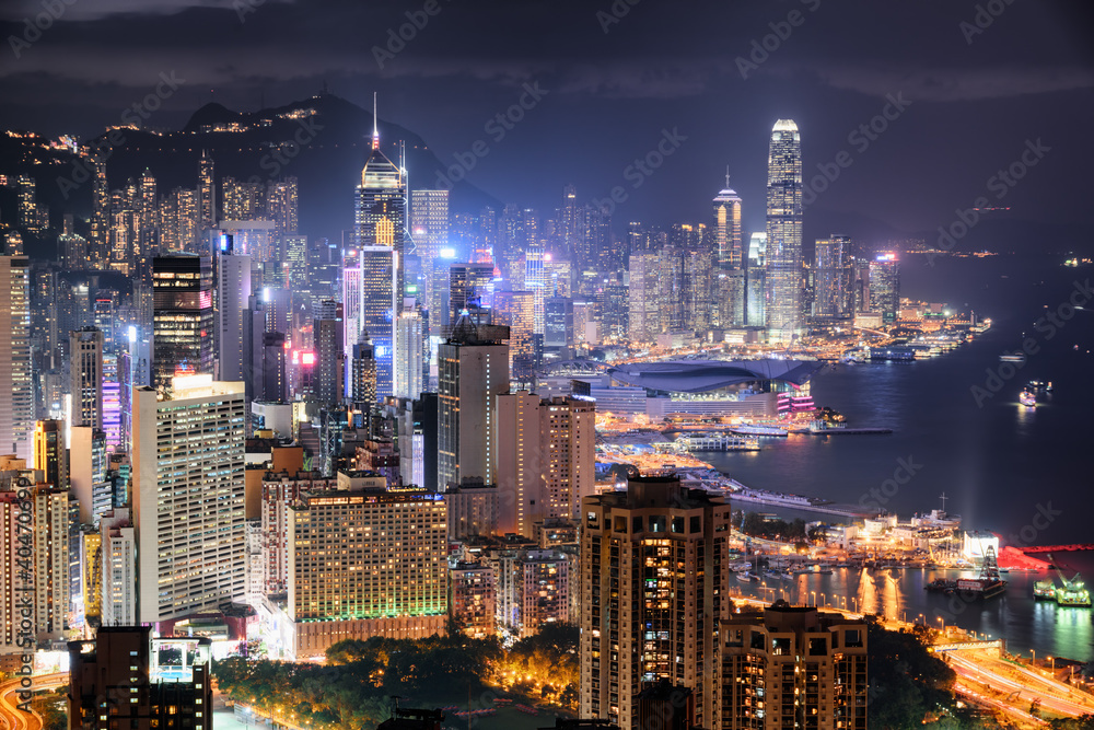 Awesome night aerial view of skyscrapers in Hong Kong