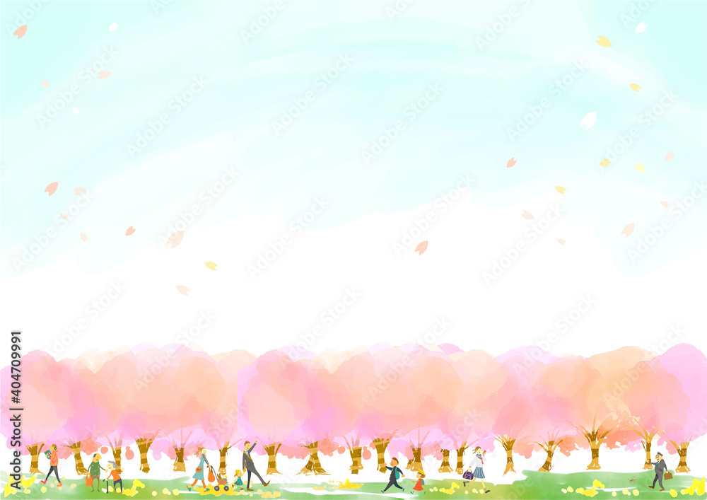 桜並木を散歩する人々の水彩背景イラスト素材
