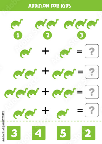 Addition worksheet with green brontosaurus. Math game.