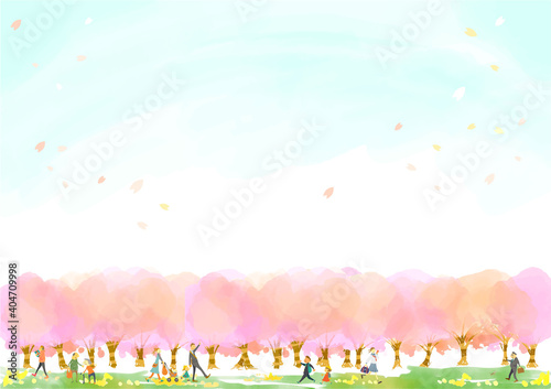 桜並木を散歩する人々の水彩背景イラスト素材