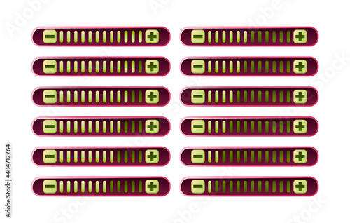 set of funny pink game ui progress bar panel with increase and decrease button for gui asset elements vector illustration
