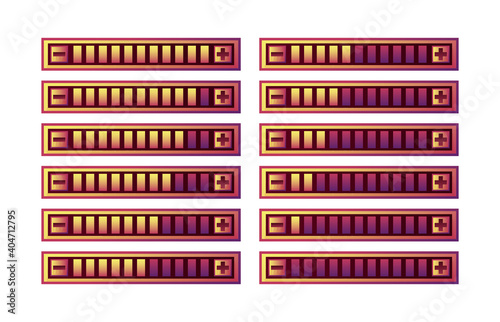 set of funny purple game ui progress bar panel with increase and decrease button for gui asset elements vector illustration