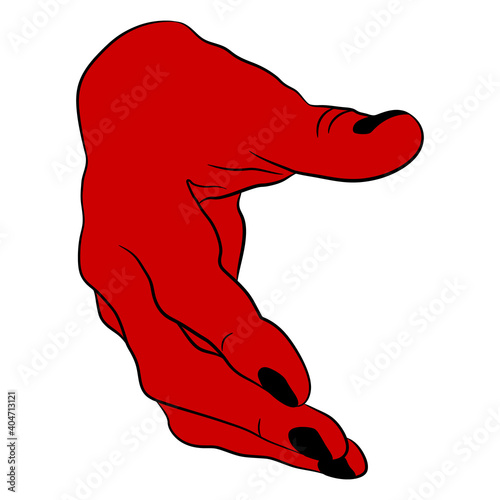 Human male or devil's hand stretched for hand shaking. Front view. Hand drawn linear sketch. Cartoon style.