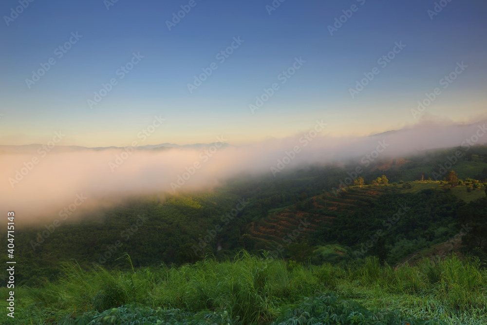 Selective focus of view nature mountain with fog in beautiful sunrise at Nan province of Northern Thailand. 