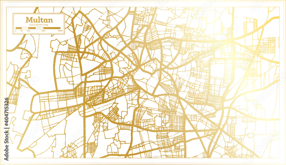 Multan Pakistan City Map in Retro Style in Golden Color. Outline Map.