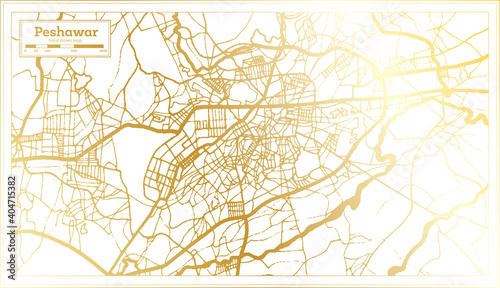 Peshawar Pakistan City Map in Retro Style in Golden Color. Outline Map.