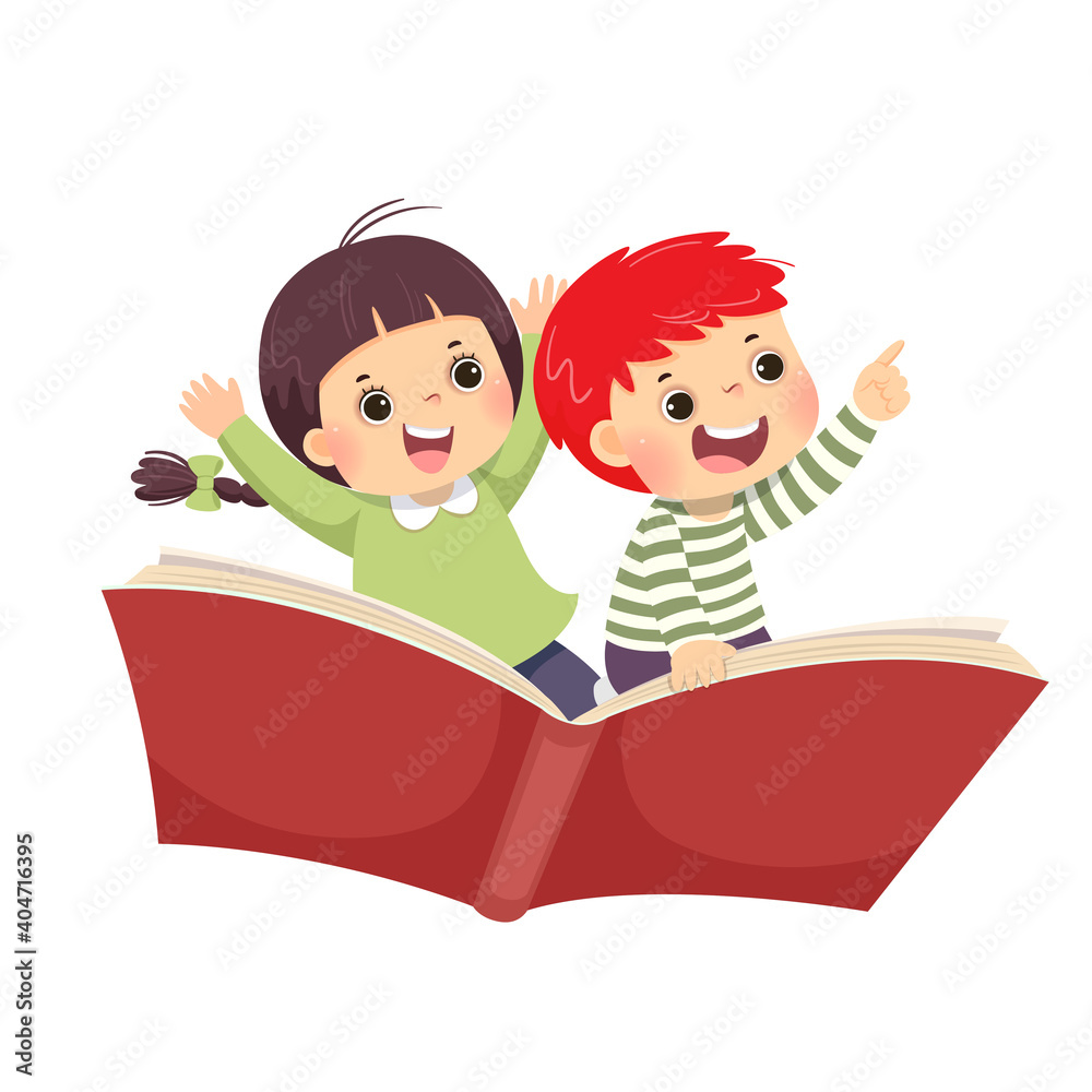 Vector illustration cartoon of happy kids flying on the book on white background.