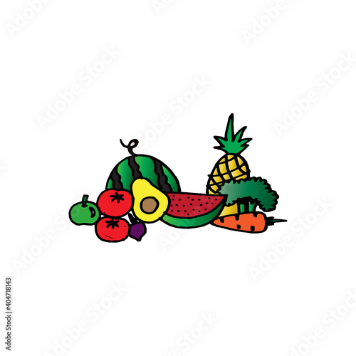 set of fruits and vegetables vector illustration on white background. black outline, hand drawn vector. doodle fruits and vegetables for kids, wallpaper, cover, banner, poster, logo, label, sticker. 