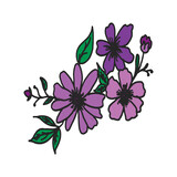 beautiful purple flower with green leaf on white background. hand drawn vector. doodle for wallpaper, cover, banner, poster, greeting and invitation card, logo, label, advertisement. 