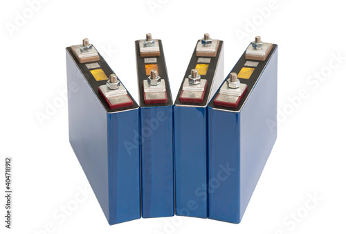 A pack of Lithium Phosphate Lifepo 4 cells battery with a terminal up and bus bar ready to connect isolate on white background with clipping path. photo