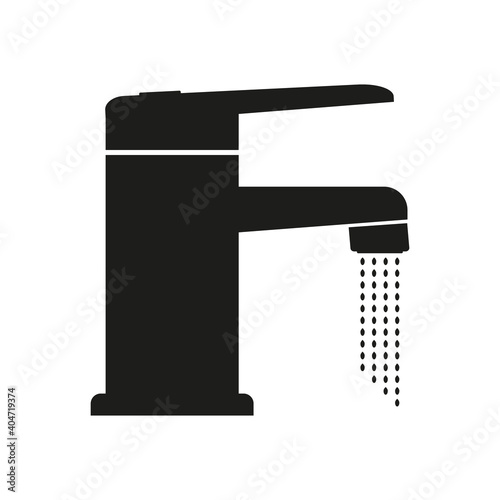 Water tap icon. Water is pouring from an open tap. Isolated element on a white background. Vector image. Flat style