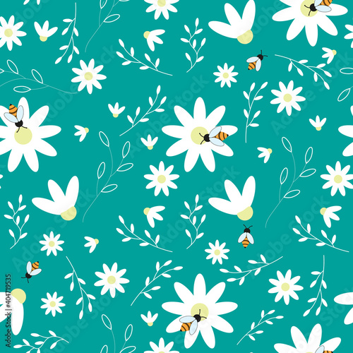 Seamless floral pattern. White chamomile or daisies on a green background. Bees collect honey. Endless ornament for textiles and children s clothing. Case  fitness bracelet  napkins. Flat style.Vector