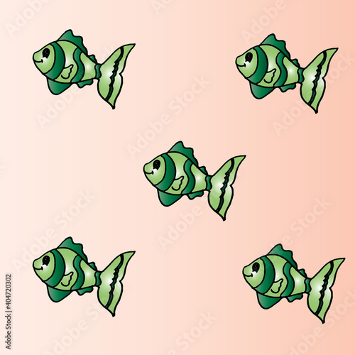 five green fish on pink background. cute aquarium fish, thin black outline. hand drawn vector. doodle animal for wallpaper, cover, banner, poster, backdrop, greeting, card, wrapping paper. 