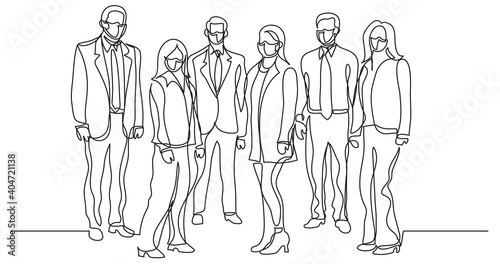 continuous line drawing of business team wearing face masks standing together