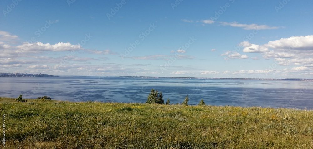 река Волга, побережье, небо, горизонт, лето, природа