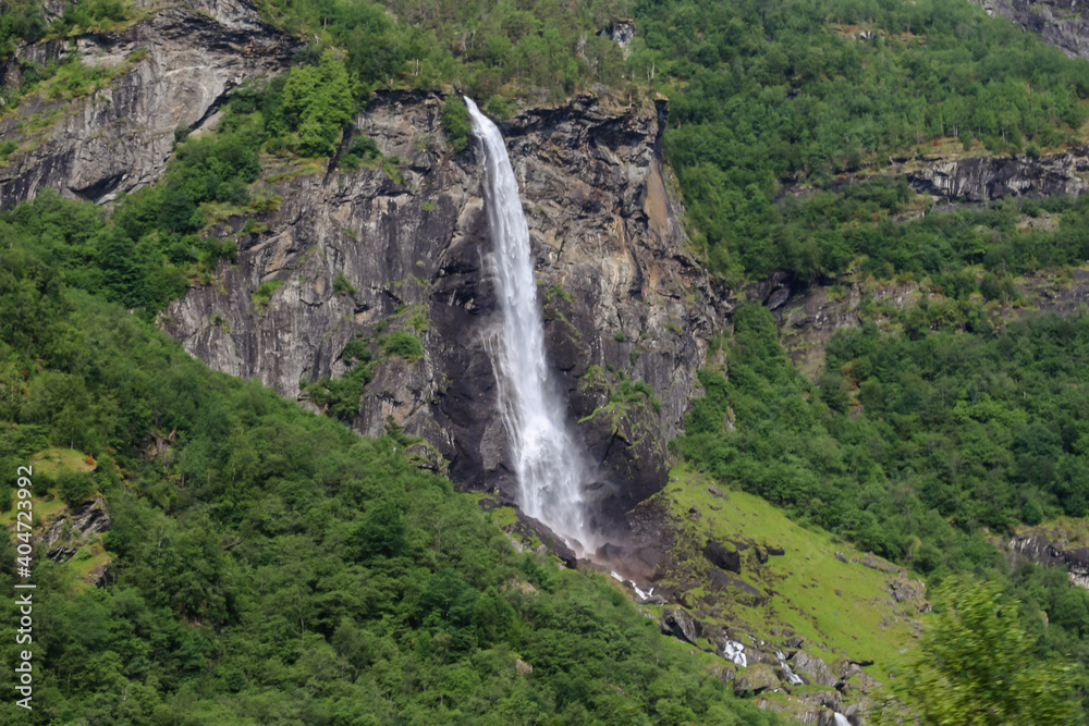 Waterfalls and mountain scenery along the Flom railway in Norway