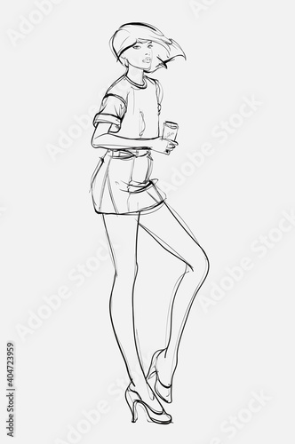 Sketch of a beautiful young woman. Fashion illustration. Girl with a glass of coffee