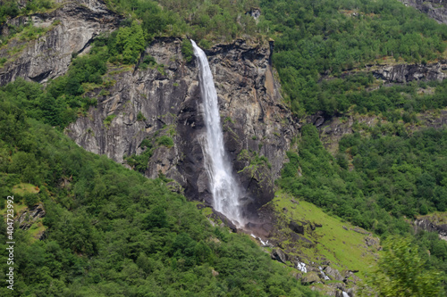 Waterfalls and mountain scenery along the Flom railway in Norway