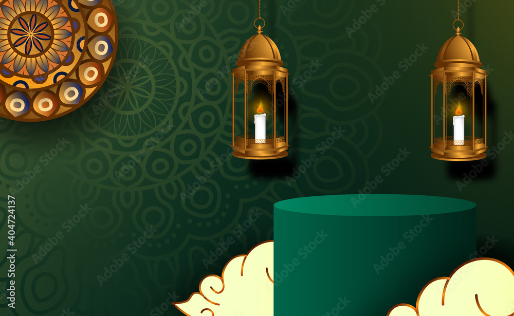 3d cylinder podium product display for ramadan kareem mubarak with green color, islamic pattern, hanging 3d golden lantern decoration