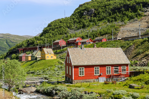 Rustic farm houses in the mountain valleys along the Flam railway en route to Myrdal Norway