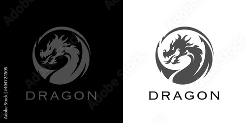Dragon tattoo logo. Year of the dragon icon. Chinese zodiac symbol. Martial arts emblem. Mythological beast sign. Vector illustration.
