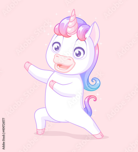 Cute baby unicorn presenting. Vector cartoon character on pink background.