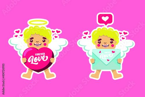 Valentine Cupid is a love angel. Cute boy or girl Cupid. Flying angel holds an envelope, heart. Lover Cupid. Vector holiday cupid boy character. Flying with the heart