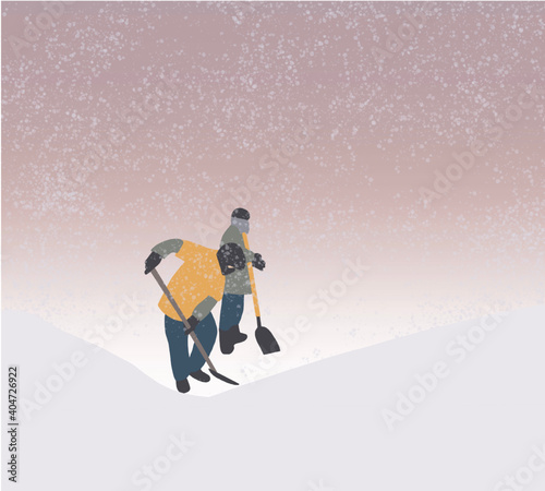 Man with face mask clearing Snow From Path with shovel after snowstorm yard. Workers sweep snow from road in winter.	