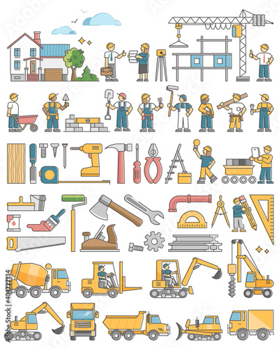 Construction set tools, instruments and equipment collection outline concept