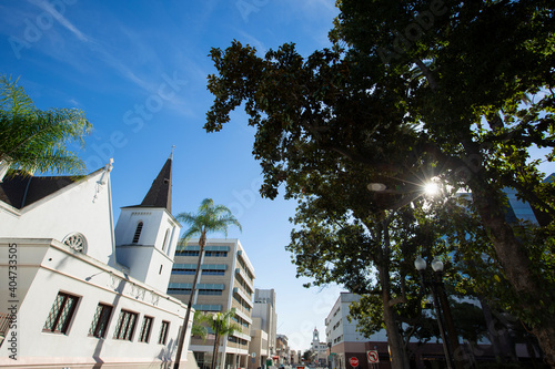 Sun shines on the historic downtown district of Santa Ana  California  USA.