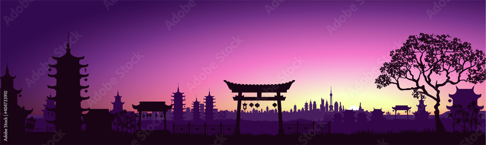 Obraz premium Big Asian city. Cityscape with a beautiful sunset. Cyberpunk and retro wave style illustration. Vector illustration.