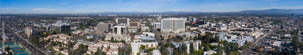 Daytime aerial view of the downtown skyline of Santa Ana, California, USA.