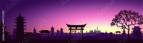Big Asian city. Cityscape with a beautiful sunset. Cyberpunk and retro wave style illustration. Vector illustration. photo