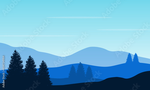 The beautiful scenery trees and mountains in the morning. Vector illustration